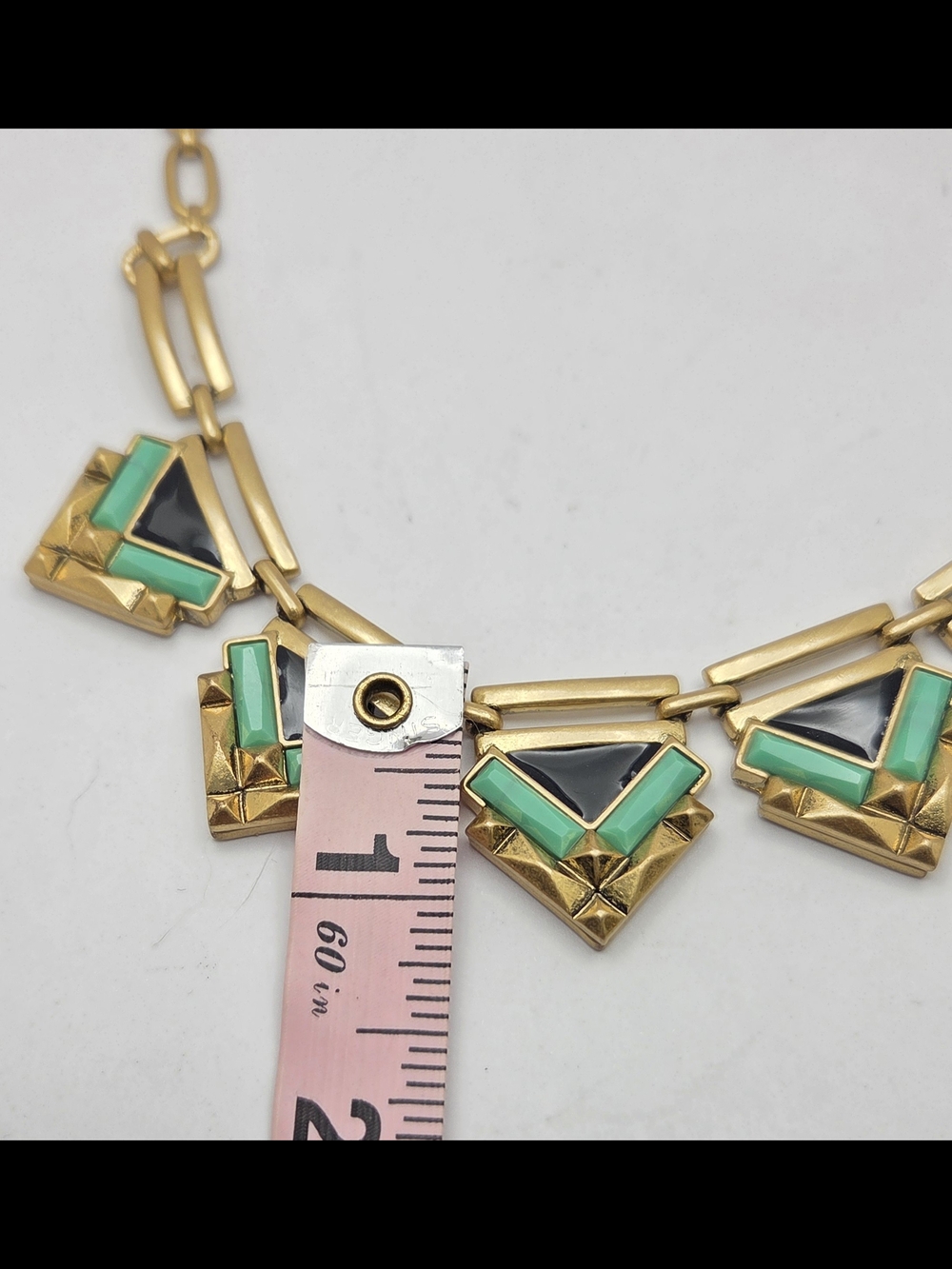 Stella & Dot Art Deco Statement Necklace Gold Tone Green Black Geometric 21" - Picture 13 of 16
